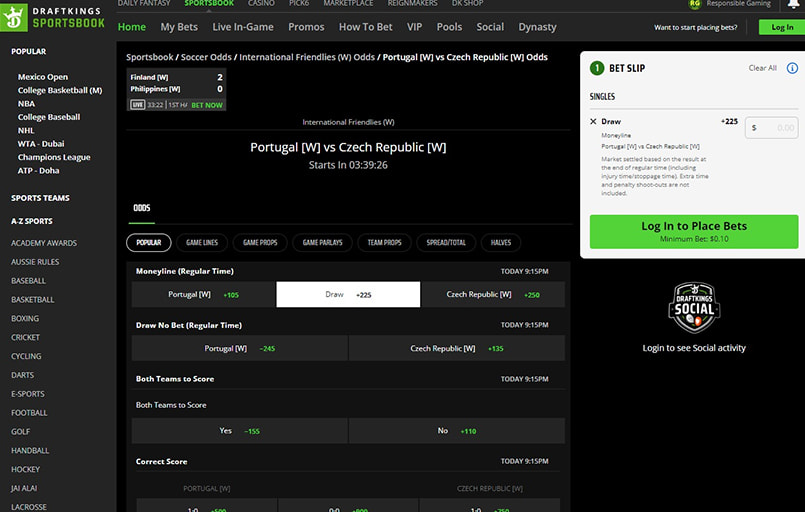 The DraftKings live interface.